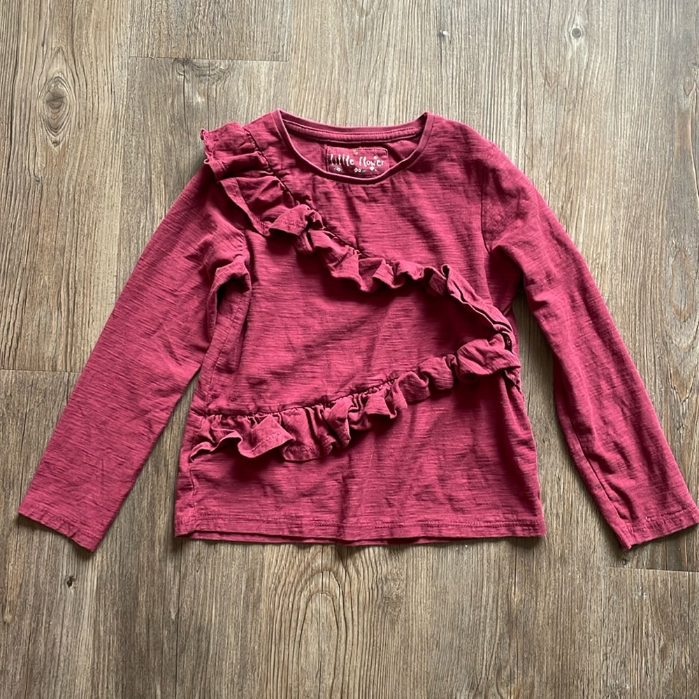 Tu Little Flower long sleeve ruffle cotton tee girls shirt red maroon size 5-6